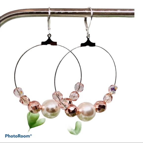 BOUTIQUE Pink and Pearl Beaded Hoop Earrings, Large Dangles, Czech Glass Beaded - Picture 6 of 7